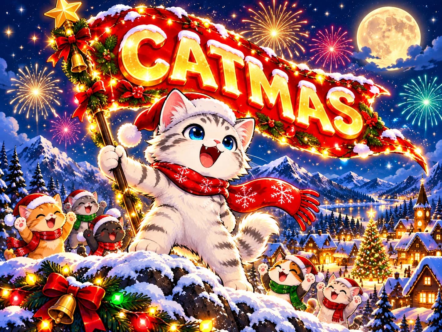 The kitten on a snowy rooftop waving a glowing CATMAS flag while fireworks go off over the village and more kittens cheer below