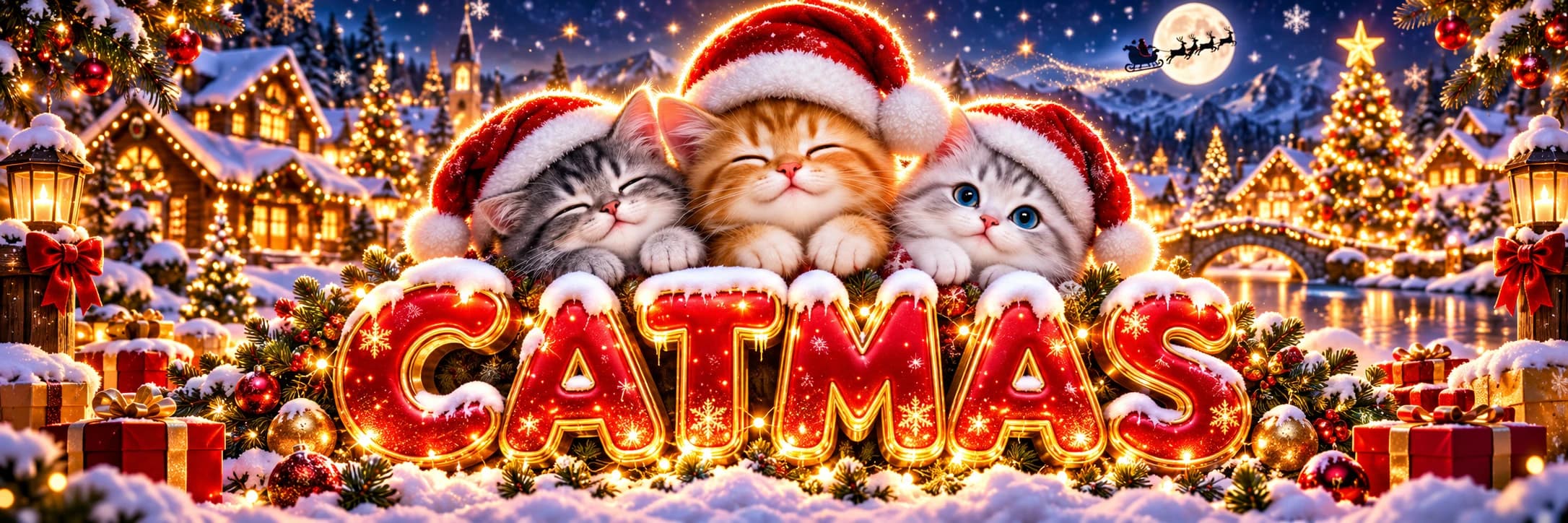 Three kittens in Santa hats dozing above glowing red CATMAS letters, in a snowy village with lit cabins, lanterns, presents and a Christmas tree