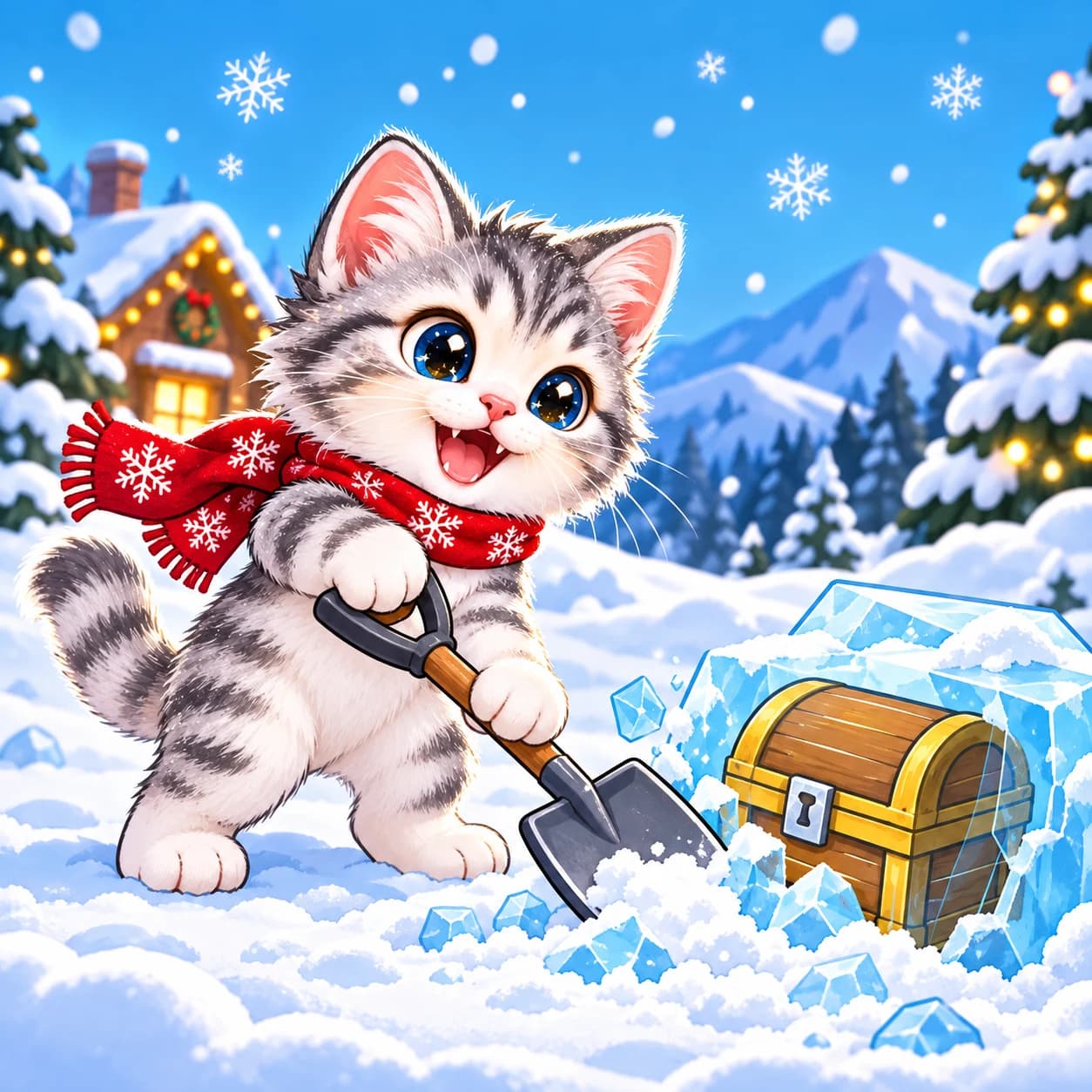 The Catmas kitten with a shovel, digging in the snow beside a treasure chest locked with a padlock and frozen inside a block of ice