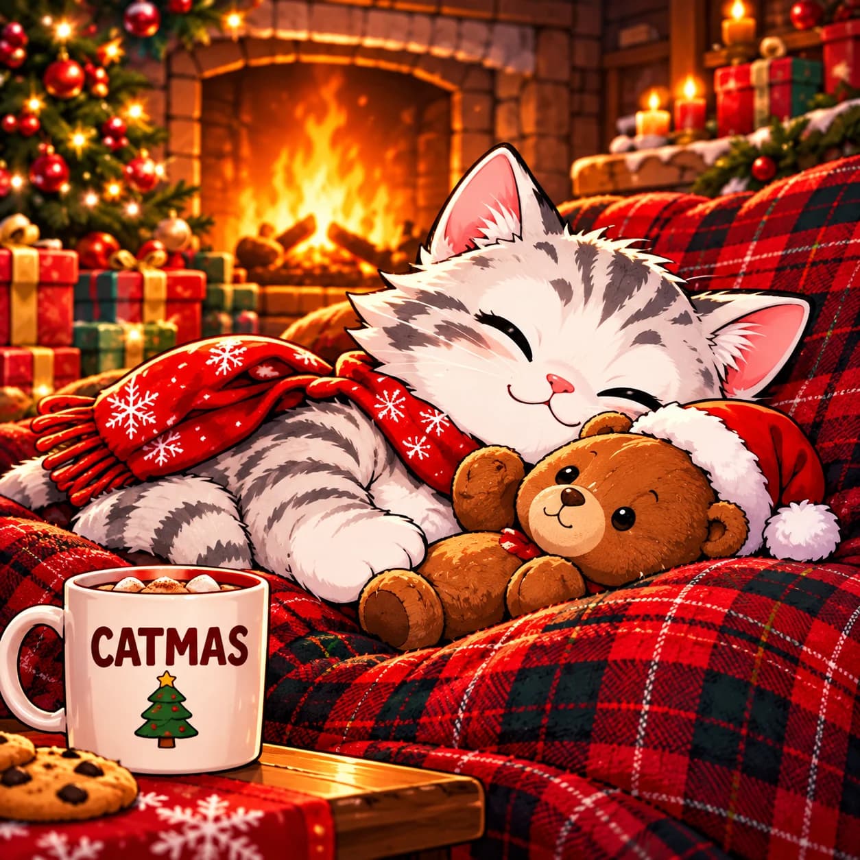 The Catmas kitten asleep on a red tartan blanket by the fireplace, hugging a teddy bear, next to a Catmas mug of hot chocolate