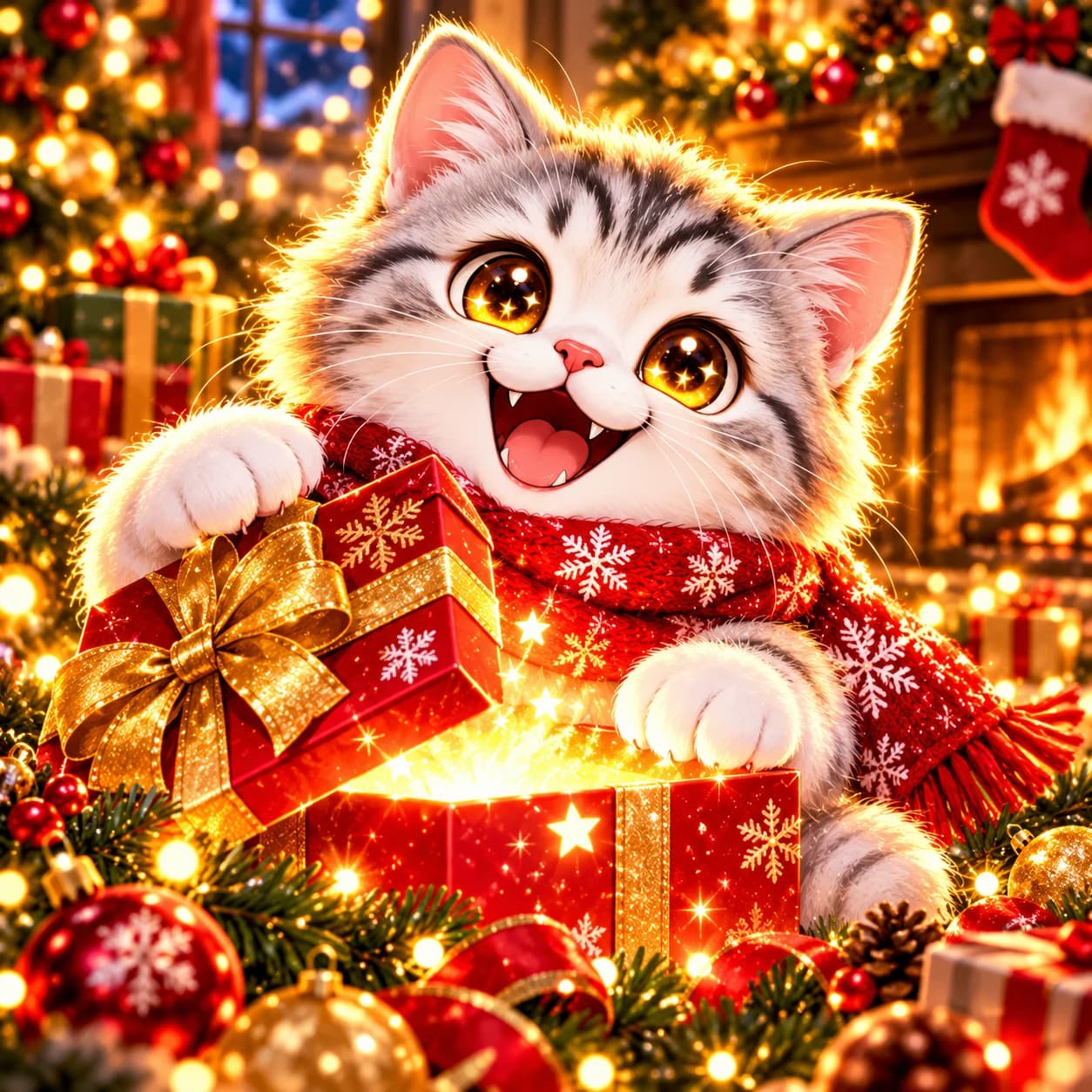 The Catmas kitten lifting the lid of a red present that glows gold from inside, in front of a Christmas tree