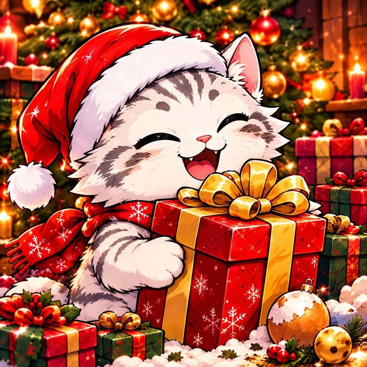 The Catmas kitten in a Santa hat, eyes closed and laughing, hugging a big red present with a gold bow