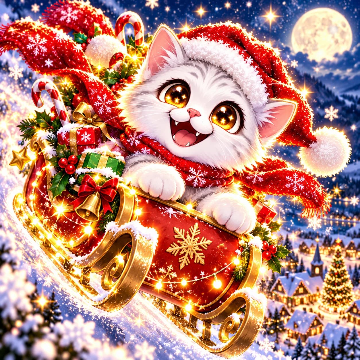 The Catmas kitten in a Santa hat riding a red and gold sleigh full of presents past the moon