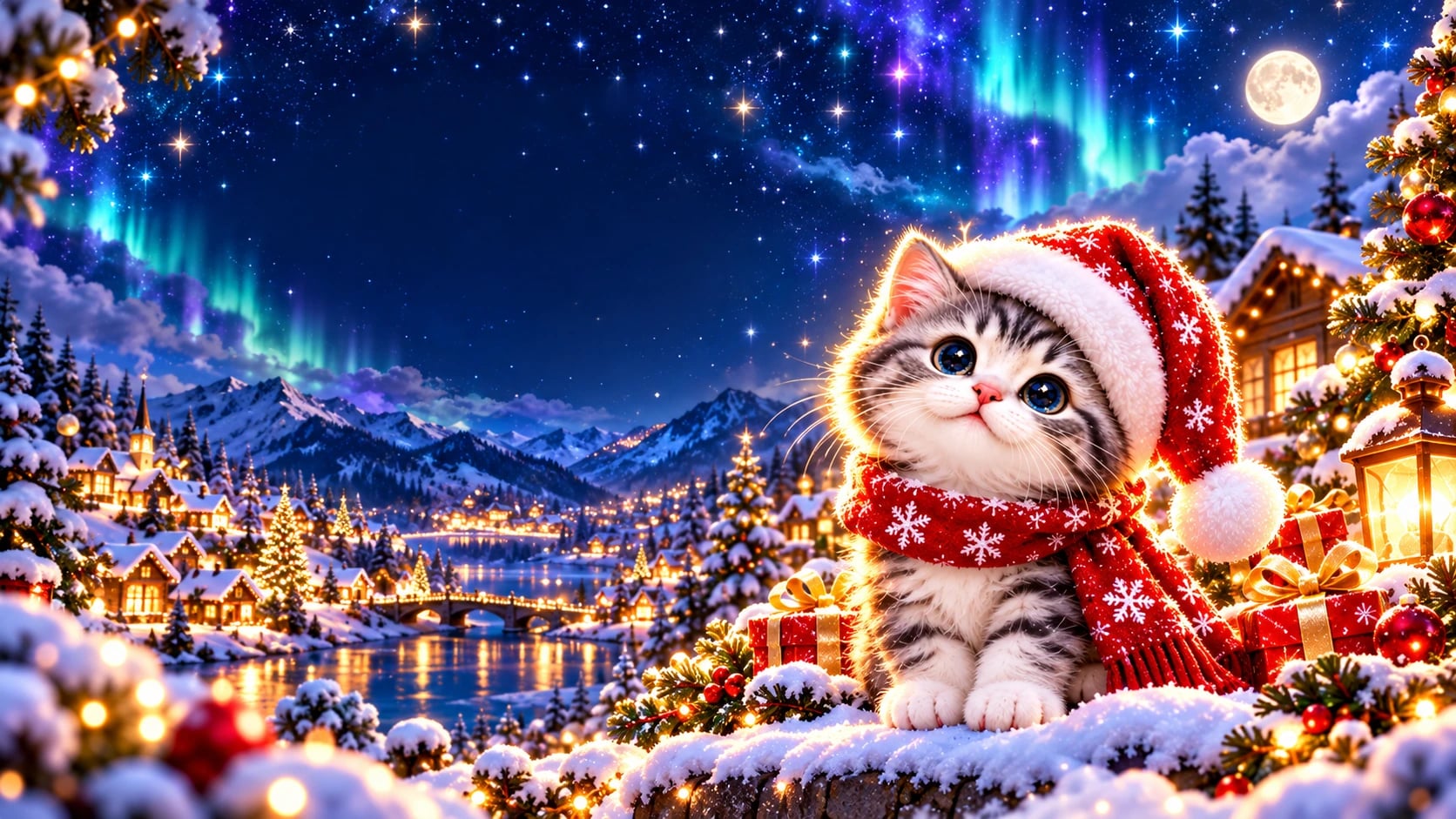 The Catmas kitten in a Santa hat and red scarf, sitting on a snowy ledge above a lit village at night, under the northern lights and a full moon